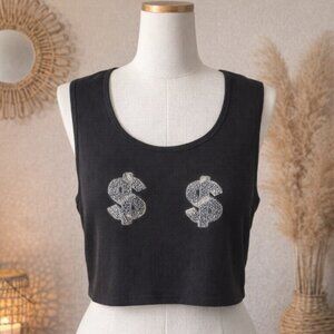 Shein Ribbed Dollar Signs Black Cropped Top Plus (Fits XL–4X) Streetwear Y2K